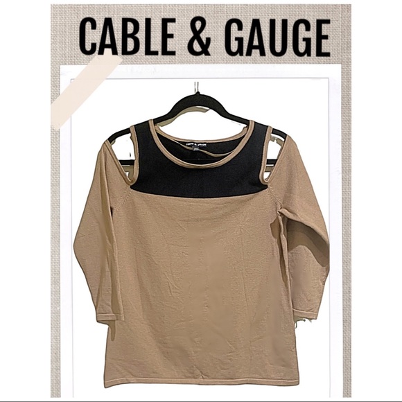 Cable & Gauge Sweater Cutout Of-the-shoulder Metallic Tan & Black Top Size M - Picture 1 of 6